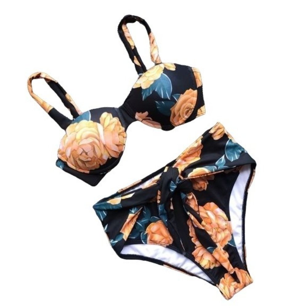Luxyville black floral high waist 2 piece bikini swimsuit women's size L - Picture 3 of 14
